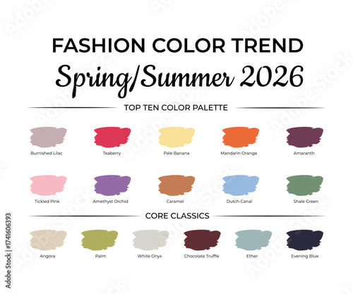 Fashion Color Trend Spring - Summer  2026. Trendy colors palette guide. Brush strokes of paint color with names swatches. Easy to edit vector template for your creative designs.