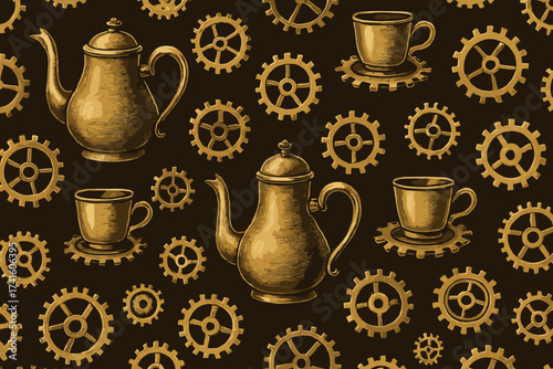 Unique steampunk design featuring teapots and cups among intricate gears on a dark background