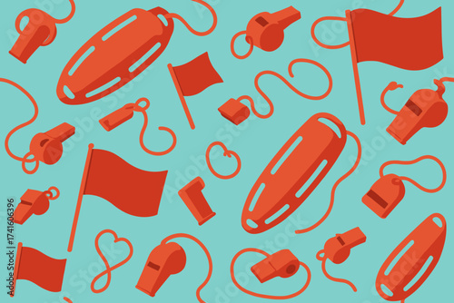 Playful pattern of red swim flags, whistles, and rescue tubes on a light blue background creates a vibrant summer atmosphere
