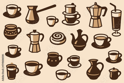 Collection of coffee cups and brewing equipment in a warm and inviting style