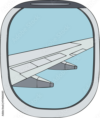 Airplane window view with wing and sky in light blue colors vector illustration 