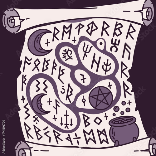 Ancient Magic Scroll with Runes and Mystical Symbols.