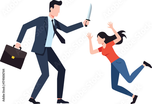 Businessman threatening woman with knife in suit holding briefcase vector illustration 