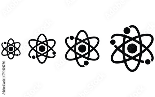 Atom science icon design template, vector isolated illustration of nucleus with orbiting electrons, chemistry and physics symbol, scientific education, research and technology concept,