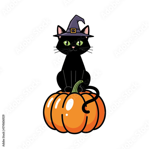 Black Cat Wearing Witch Hat Sitting on Pumpkin Halloween Illustration.