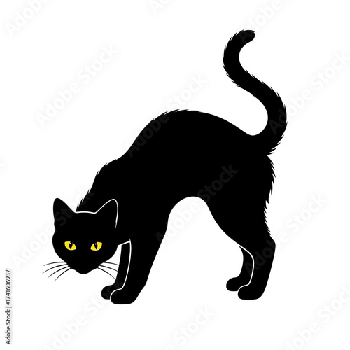 Black Cat with Arched Back and Glowing Yellow Eyes.