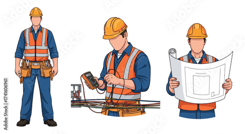 Professional electrician team inspecting electrical wiring, holding blueprints, ensuring safety, and using multimeter for quality assurance on the job site