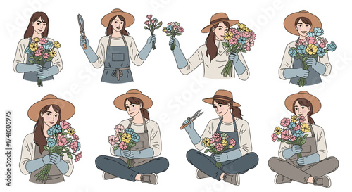 Charming floral designer in various poses holding colorful bouquets and gardening tools, originally a scalable vector graphic for creative projects
