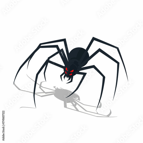 Cartoonish Black Spider with Red Eyes and Long Legs.