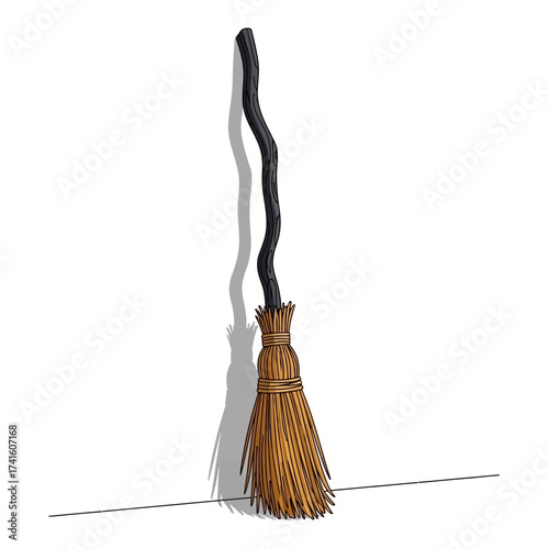 Classic witchs broomstick with a crooked black handle.