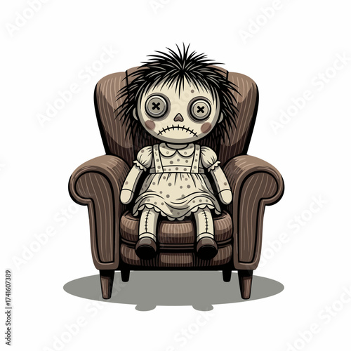 Creepy stitched ragdoll with button eyes sitting alone in an armchair.