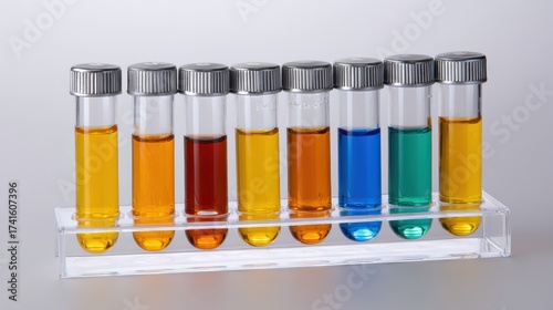 Colorful test tubes with various liquid samples in laboratory setting