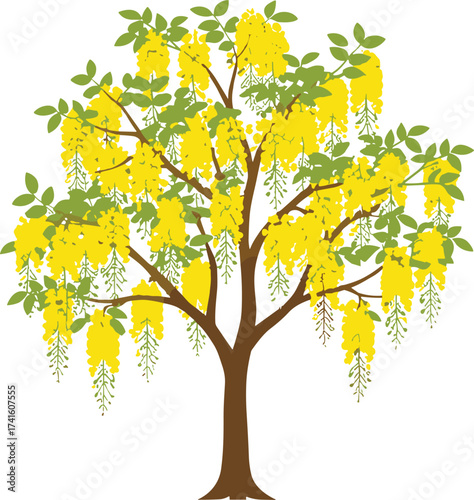 "Golden shower tree illustration, cascading yellow flowers, green foliage artwork, ornamental plant drawing, tropical nature design, decorative botanical art, vibran