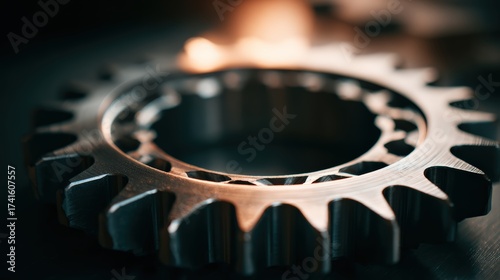 Close up view of a metallic gear with shallow depth of field