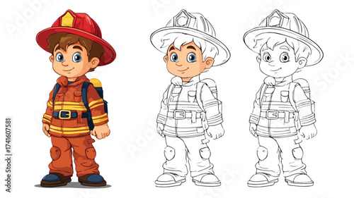 Cute Boy Dressed as a Firefighter Vector Cartoon