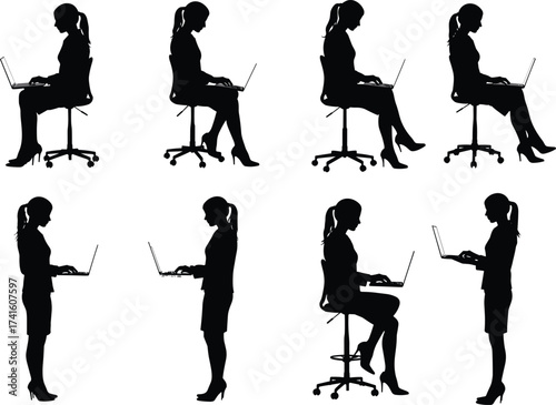 Laptop user silhouette, office worker posture, businesswoman with computer, ergonomic design art, workplace illustration, technology concept