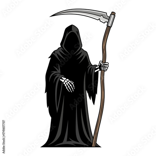 Grim Reaper angel of death holding a scythe illustration.