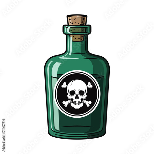 Green Poison Bottle with Skull and Crossbones Label.