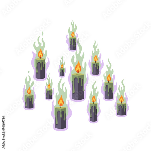 Group of spooky candles with green flames and dark wax, a mysterious scene.
