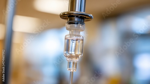 Close up of medical iv drip showing clear fluid and delivery system in clinical setting