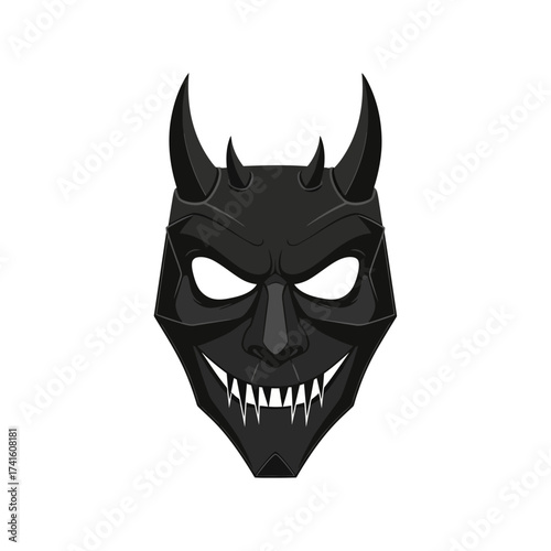 Menacing Black Devil Mask with Sharp Teeth and Horns.