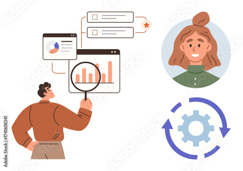 Analyst evaluating charts and project data with a magnifying glass, user profile, and workflow gear with arrows. Ideal for analytics, teamwork, planning, strategy, feedback, automation efficiency