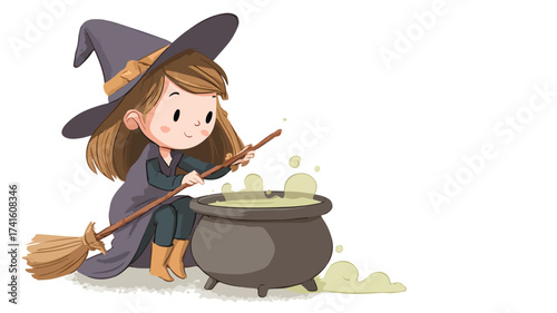 Enchanting Cartoon Vector Art of Cute Girl Witch Brewing Spell