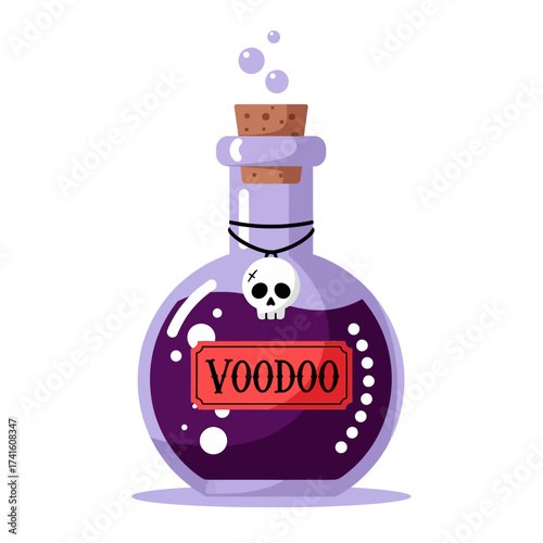 Mystical voodoo potion in a round glass bottle with a skull charm.