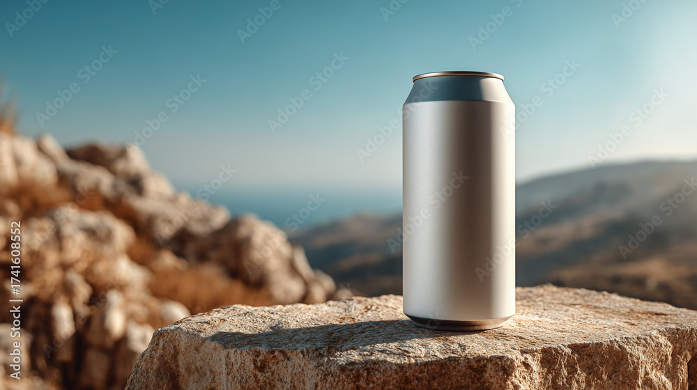 Naklejka premium Close-up of a craft beer can with a blank matte wrap, standing on a natural stone pedestal, photographed in soft natural daylight. 16:9 aspect ratio, stylized for a clean and modern product presentati