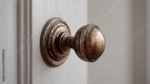 Close up of an elegant antique door knob with subtle patina finish on a wooden door