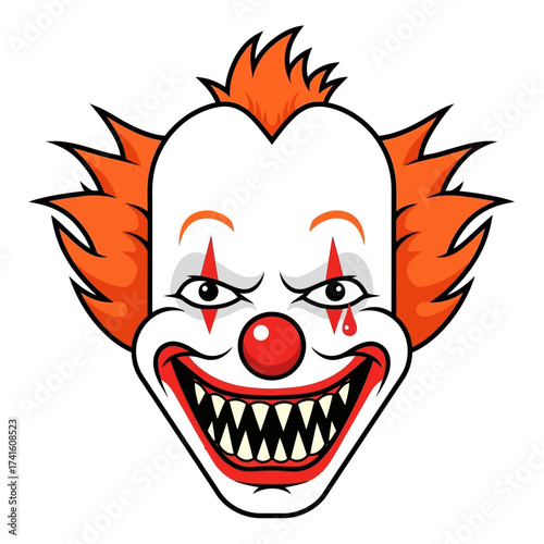 Scary Clown Face with Fiery Orange Hair and Menacing Grin.