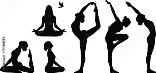Silhouettes of women practicing various yoga poses against a white background