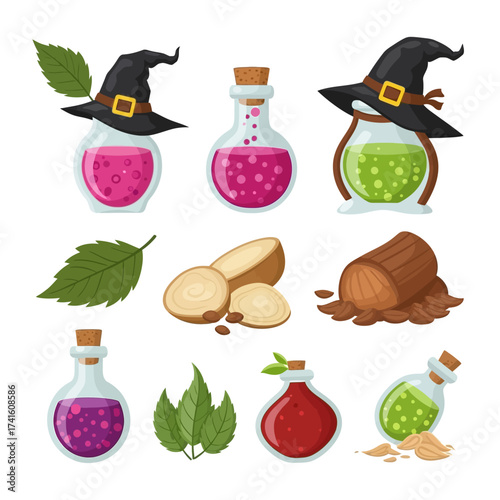Set of Witchcraft Potions and Magical Ingredients Illustration.