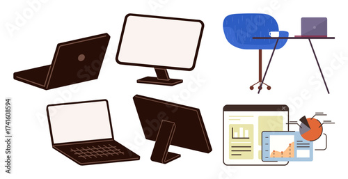 Varied tech and furniture including laptops, monitor, tablet with charts, desk, chair. Ideal for remote work, productivity, technology, workplace design data analysis digital tools simple flat