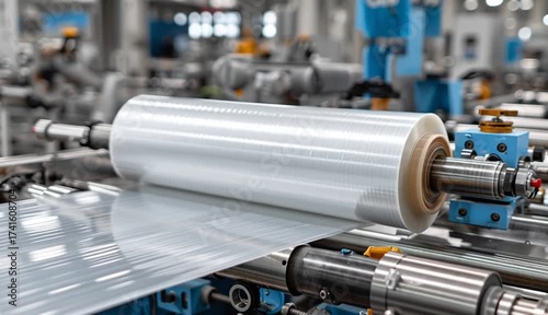 A machine with a roll of polyethylene plastic wrapping film on it. The machine is in a factory. industrial food packaging concept background.
