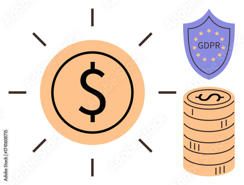 Central dollar coin radiating, stacked coins, and GDPR-labeled shield. Ideal for finance, security, compliance, regulation, growth protection sustainability. Simple flat metaphor