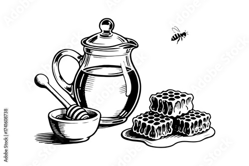 A honey jar with dipper, honeycomb, and bee drawn in hand-drawn sketch style on white background, representing natural sweetness concept