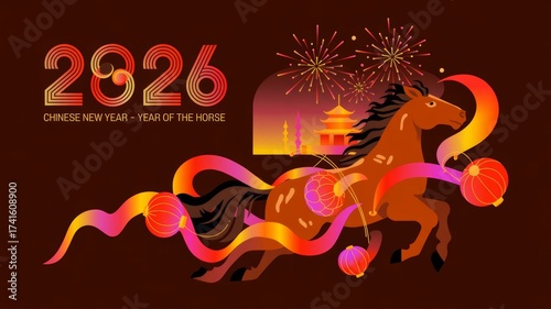 Modern Chinese New Year 2026 Horse and Ribbon Art
