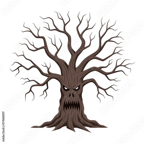 Spooky Halloween Tree With Scary Face and Bare Branches.