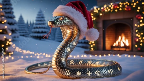 Metallic Cobra Snake with Santa Hat and Zodiac Symbols
