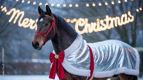 Horse in Silver Christmas Blanket and Red Bow in Snow red