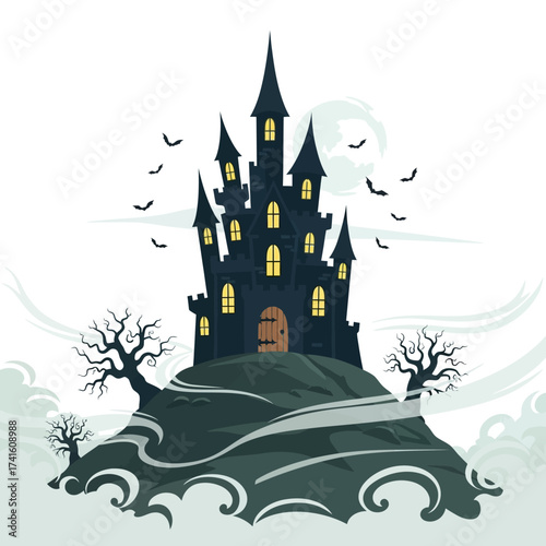 Spooky haunted castle on a hill with bats flying.