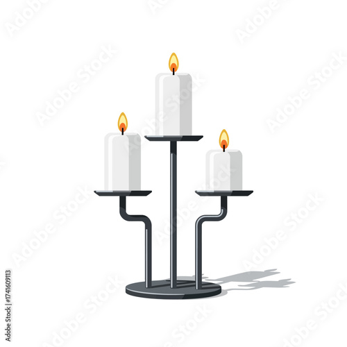 Three lit white candles on a modern black candelabra stand.