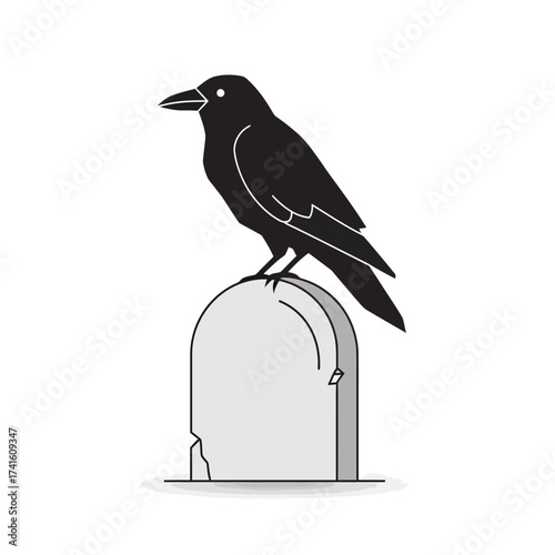 A black crow perched on a tombstone.