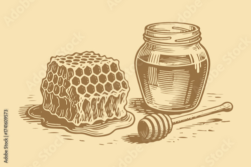 Honey jar, honeycomb and dipper hand drawn in engraved sketch style on beige background, concept of natural food and traditional beekeeping
