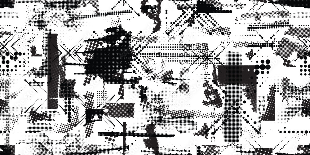 Obraz premium Glitch distorted grungy abstract forms . Halftone dots seamless pattern texture. Grange shapes .Grunge textured . Vector shapes with half tone dots .Screen print endless pattern texture 