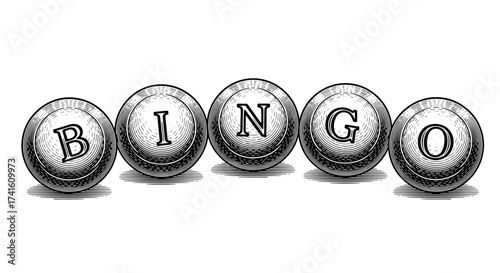Bingo lettering on lottery balls, engraving sketch, hand-drawn style, vector illustration	
