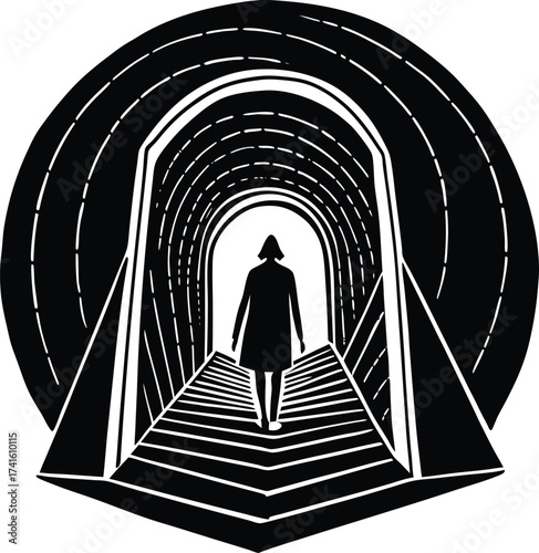 Into the Unknown: A solitary figure walks into the illuminated depths of a tunnel, embodying the journey through the darkness towards the promise of light. This illustration uses lines, forms.