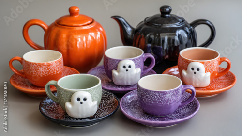 Colorful ceramic teacups and teapots with ghost and spiderweb designs arranged for a Halloween theme
