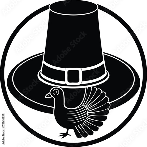 Thanksgiving Symbol: A black and white illustration of a pilgrim hat and a turkey, symbolizing the essence of Thanksgiving.